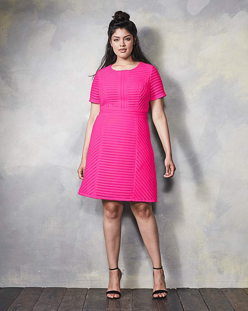 Textured Skater Dress - neckline: round neck; pattern: plain; predominant colour: hot pink; occasions: evening; length: on the knee; fit: fitted at waist & bust; style: fit & flare; fibres: polyester/polyamide - 100%; sleeve length: short sleeve; sleeve style: standard; pattern type: fabric; texture group: jersey - stretchy/drapey; season: s/s 2016; wardrobe: event