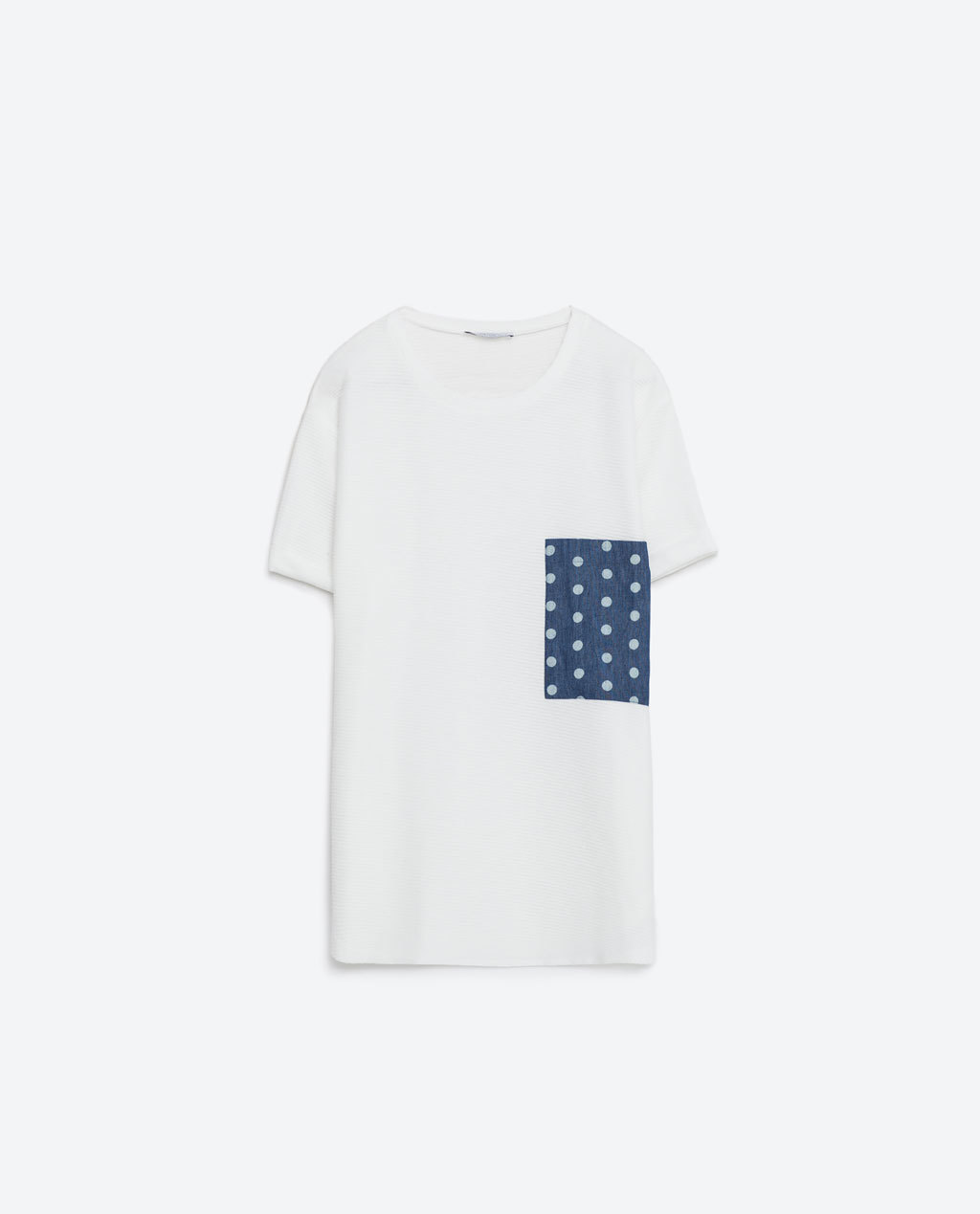 Pocket Detail T Shirt - neckline: round neck; length: below the bottom; style: t-shirt; predominant colour: white; secondary colour: denim; occasions: casual, creative work; fibres: polyester/polyamide - mix; fit: body skimming; sleeve length: short sleeve; sleeve style: standard; pattern type: fabric; pattern size: light/subtle; pattern: patterned/print; texture group: jersey - stretchy/drapey; season: s/s 2016; wardrobe: highlight