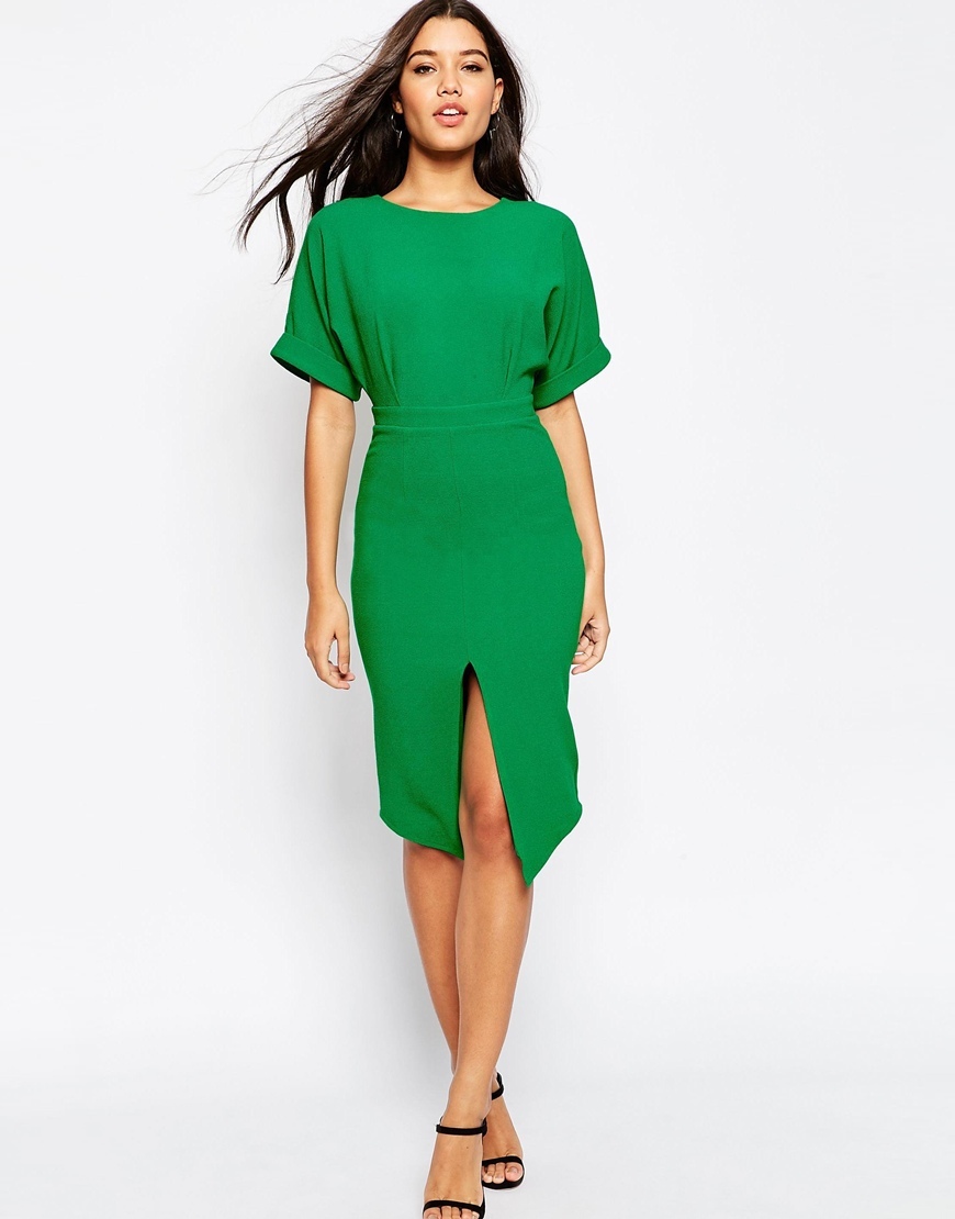Wiggle Dress With Split Front Pepper Green - style: shift; length: below the knee; fit: tailored/fitted; pattern: plain; hip detail: draws attention to hips; predominant colour: emerald green; occasions: evening; fibres: polyester/polyamide - stretch; neckline: crew; sleeve length: half sleeve; sleeve style: standard; pattern type: fabric; texture group: woven light midweight; season: s/s 2016; wardrobe: event