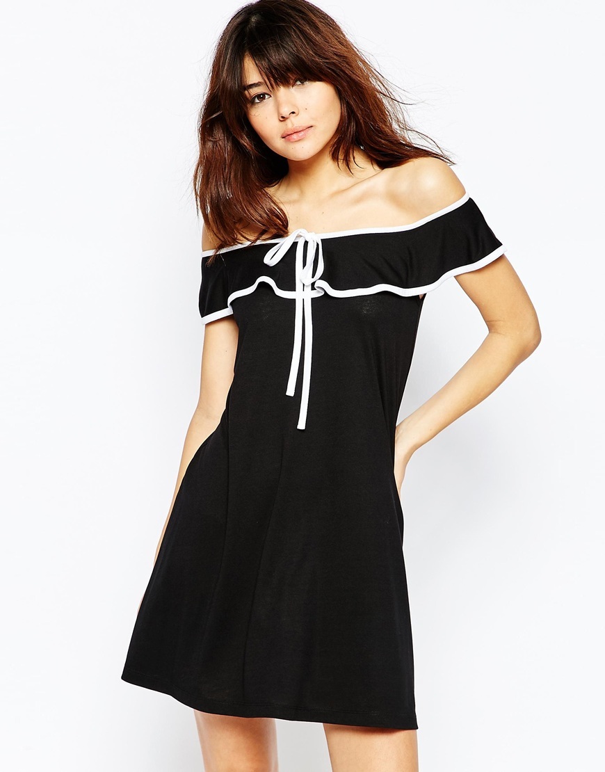 Off Shoulder Dress With Contrast Bow Black - length: mid thigh; neckline: off the shoulder; sleeve style: capped; pattern: plain; secondary colour: white; predominant colour: black; occasions: casual; fit: fitted at waist & bust; style: fit & flare; fibres: polyester/polyamide - mix; sleeve length: short sleeve; pattern type: fabric; texture group: jersey - stretchy/drapey; multicoloured: multicoloured; season: s/s 2016; wardrobe: highlight