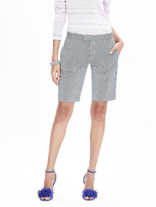 Seersucker Bermuda Short White/ Grey Stripe - pattern: pinstripe; pocket detail: pockets at the sides; waist: mid/regular rise; secondary colour: white; predominant colour: light grey; occasions: casual; fibres: cotton - stretch; pattern type: fabric; texture group: other - light to midweight; season: s/s 2016; style: shorts; length: just above the knee; fit: slim leg; wardrobe: highlight