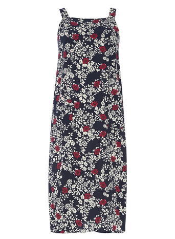 Womens Navy Floral Pinny Dress Blue - style: shift; neckline: high square neck; sleeve style: sleeveless; secondary colour: white; predominant colour: navy; occasions: casual; length: on the knee; fit: body skimming; fibres: viscose/rayon - 100%; sleeve length: sleeveless; pattern type: fabric; pattern: florals; texture group: other - light to midweight; multicoloured: multicoloured; season: s/s 2016; wardrobe: highlight