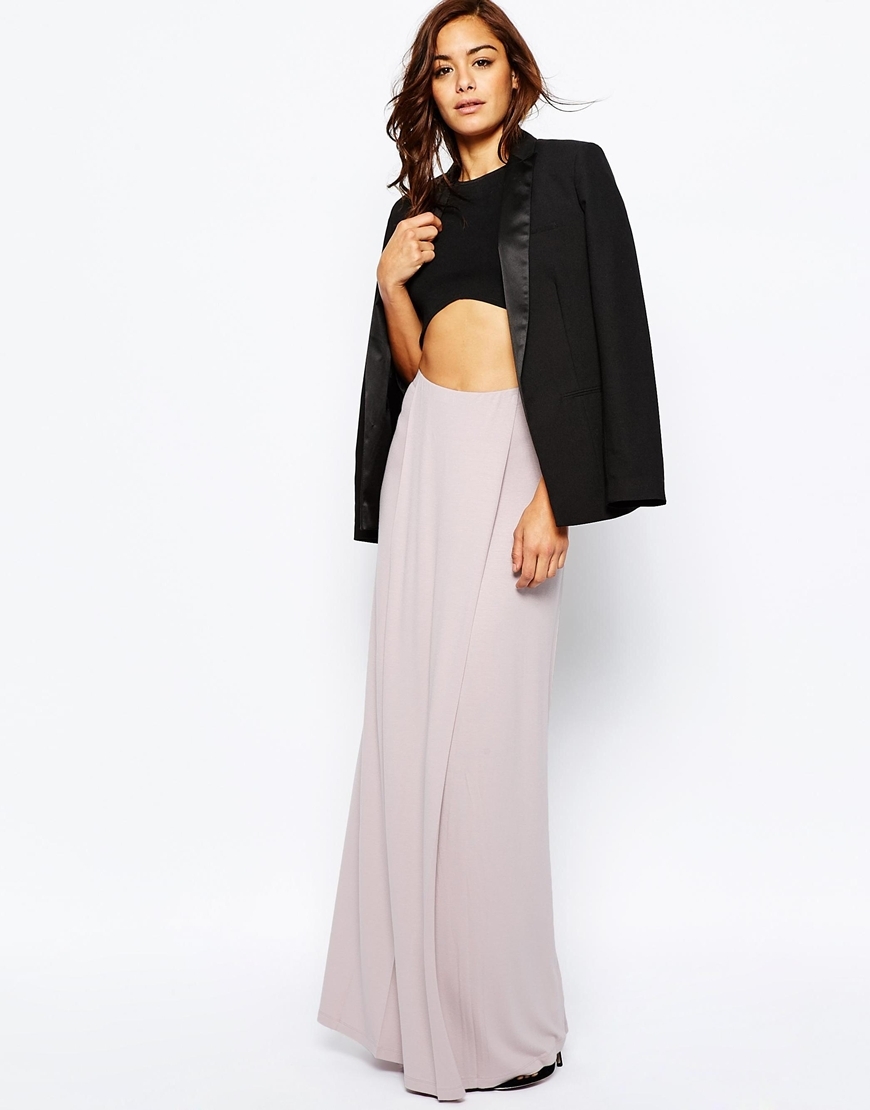 Maxi Skirt With Front Layer Panel Mink - pattern: plain; fit: body skimming; waist: high rise; predominant colour: light grey; length: floor length; style: maxi skirt; fibres: polyester/polyamide - 100%; occasions: occasion; pattern type: fabric; texture group: other - light to midweight; season: s/s 2016; wardrobe: event