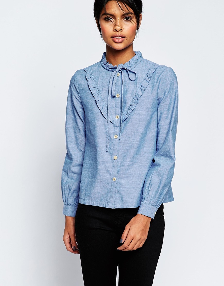 Casual Shirt With Frill Detail And Tie Blue - pattern: plain; neckline: pussy bow; style: blouse; predominant colour: pale blue; occasions: casual; length: standard; fibres: cotton - 100%; fit: straight cut; sleeve length: long sleeve; sleeve style: standard; texture group: denim; bust detail: bulky details at bust; pattern type: fabric; season: s/s 2016; wardrobe: highlight
