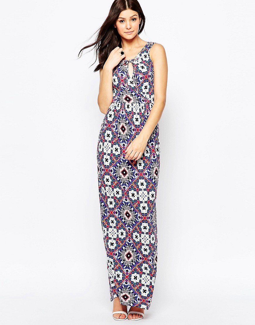 Electric Mosaic Jersey Maxi Electric Blue Multi - sleeve style: sleeveless; style: maxi dress; length: ankle length; secondary colour: white; predominant colour: denim; occasions: casual; fit: body skimming; neckline: peep hole neckline; fibres: viscose/rayon - 100%; sleeve length: sleeveless; pattern type: fabric; pattern: patterned/print; texture group: jersey - stretchy/drapey; multicoloured: multicoloured; season: s/s 2016; wardrobe: highlight