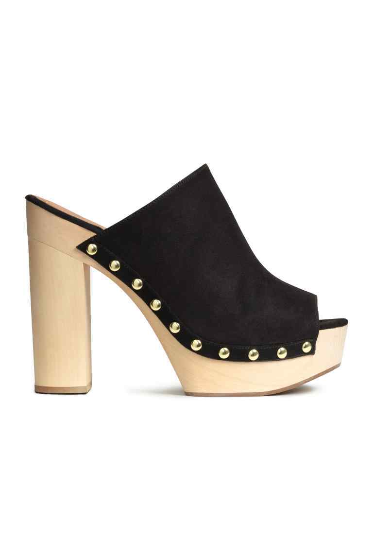 Platform Mules - predominant colour: black; material: fabric; heel height: high; embellishment: studs; heel: block; toe: open toe/peeptoe; style: mules; finish: plain; pattern: plain; occasions: creative work; shoe detail: platform; season: s/s 2016; wardrobe: highlight