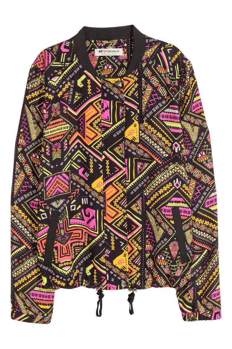 Patterned Bomber Jacket - collar: round collar/collarless; style: bomber; secondary colour: bright orange; predominant colour: black; occasions: casual, creative work; length: standard; fit: straight cut (boxy); fibres: polyester/polyamide - mix; sleeve length: long sleeve; sleeve style: standard; texture group: crepes; collar break: high; pattern type: fabric; pattern size: light/subtle; pattern: patterned/print; multicoloured: multicoloured; season: s/s 2016; wardrobe: highlight