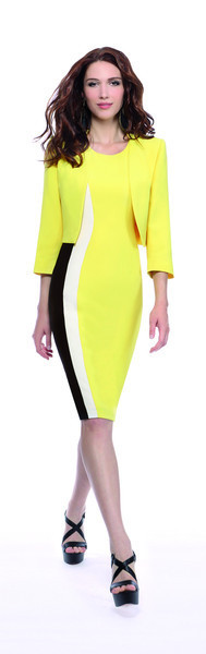 Lemon Bolero Jacket - pattern: plain; style: cropped; collar: round collar/collarless; predominant colour: yellow; occasions: evening, occasion; length: standard; fit: straight cut (boxy); fibres: polyester/polyamide - 100%; sleeve length: 3/4 length; sleeve style: standard; collar break: low/open; pattern type: fabric; texture group: woven light midweight; season: s/s 2016; wardrobe: event