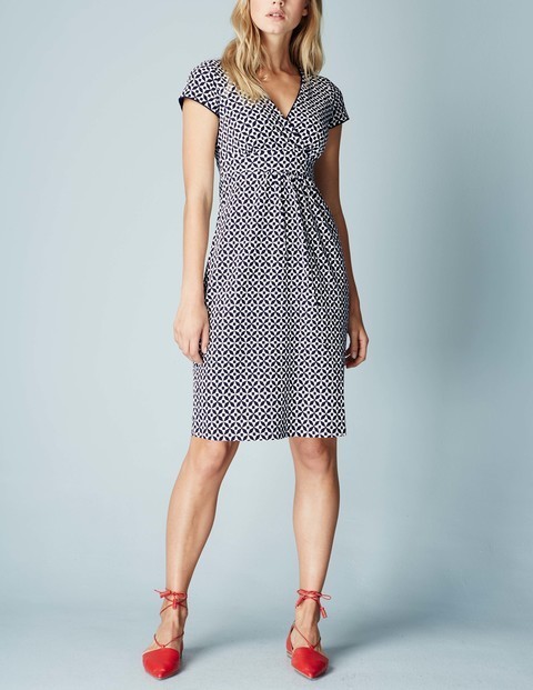 Casual Jersey Summer Dress Navy Mosaic Women, Navy Mosaic - style: faux wrap/wrap; neckline: v-neck; sleeve style: capped; predominant colour: navy; secondary colour: light grey; occasions: casual; length: on the knee; fit: body skimming; fibres: cotton - stretch; sleeve length: short sleeve; pattern type: fabric; pattern: patterned/print; texture group: jersey - stretchy/drapey; multicoloured: multicoloured; season: s/s 2016; wardrobe: highlight