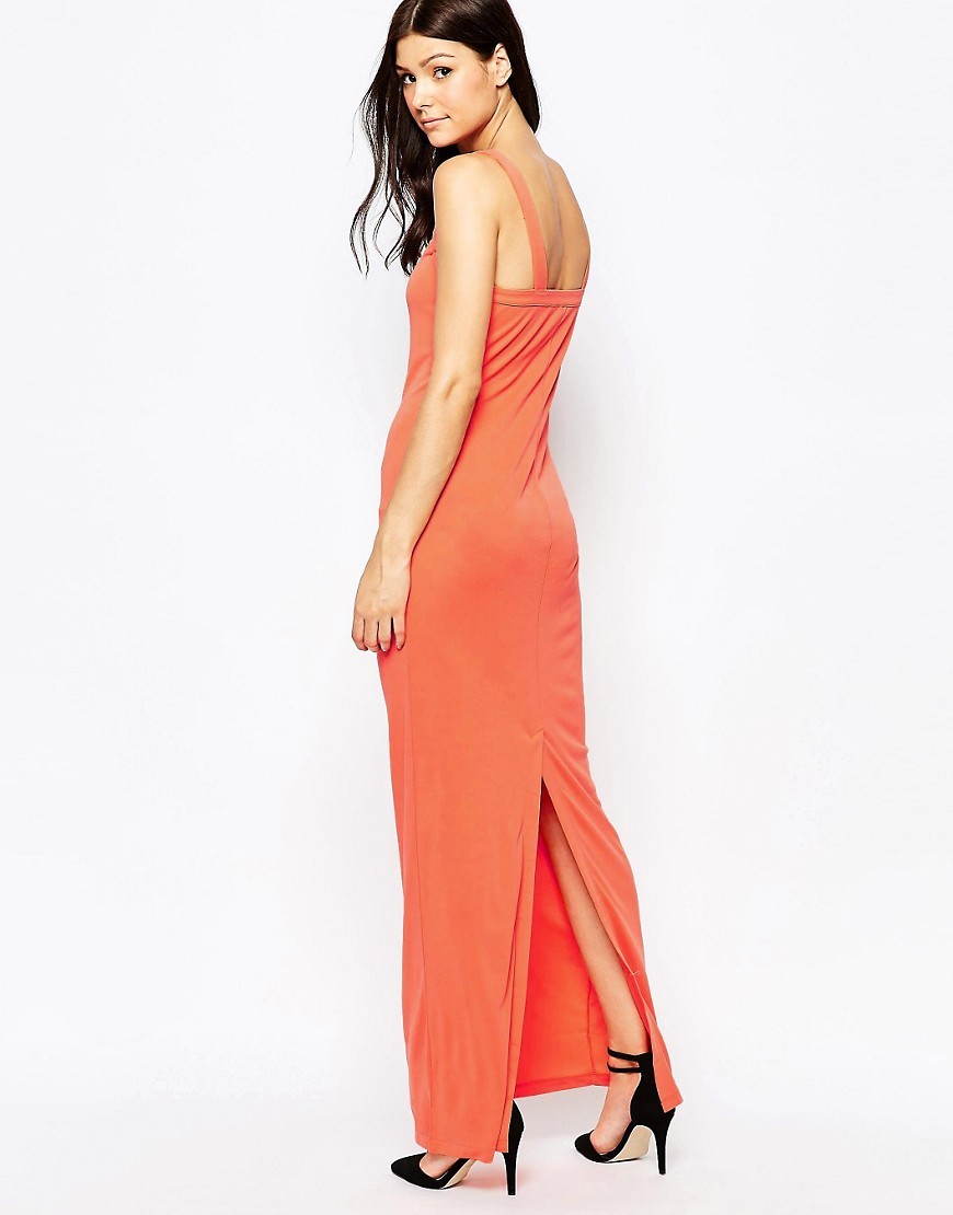 Mona Crepe Strappy Maxi Nasturium - neckline: v-neck; sleeve style: standard vest straps/shoulder straps; pattern: plain; style: maxi dress; length: ankle length; back detail: back revealing; predominant colour: coral; fit: body skimming; fibres: polyester/polyamide - 100%; occasions: occasion; sleeve length: sleeveless; pattern type: fabric; texture group: other - light to midweight; season: s/s 2016; wardrobe: event