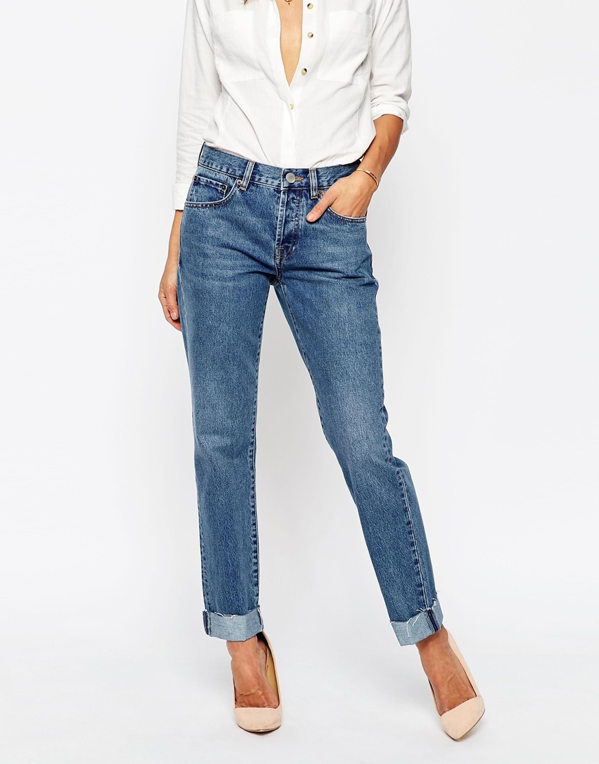 Carrot Boyfriend Jeans Mid Wash Blue - style: boyfriend; length: standard; pattern: plain; waist: high rise; pocket detail: traditional 5 pocket; predominant colour: navy; occasions: casual; fibres: cotton - 100%; jeans & bottoms detail: turn ups; texture group: denim; pattern type: fabric; season: s/s 2016; wardrobe: basic