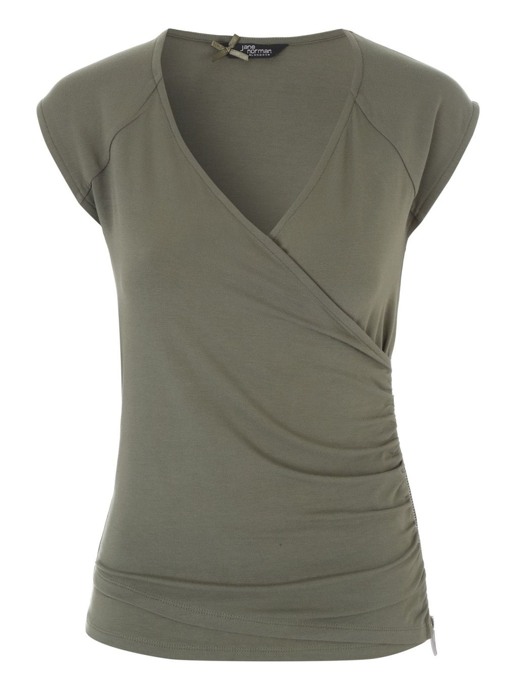Wrap Zip Top, Khaki - neckline: v-neck; sleeve style: capped; pattern: plain; style: wrap/faux wrap; waist detail: flattering waist detail; predominant colour: khaki; occasions: casual, creative work; length: standard; fibres: viscose/rayon - stretch; fit: tight; sleeve length: short sleeve; pattern type: fabric; texture group: jersey - stretchy/drapey; season: s/s 2016; wardrobe: basic