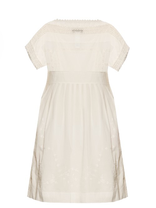 Letizia Dress - style: smock; length: mid thigh; neckline: slash/boat neckline; fit: loose; predominant colour: white; occasions: casual; fibres: cotton - 100%; sleeve length: short sleeve; sleeve style: standard; texture group: cotton feel fabrics; pattern type: fabric; pattern size: light/subtle; pattern: patterned/print; shoulder detail: sheer at shoulder; season: s/s 2016; wardrobe: highlight; embellishment: contrast fabric; embellishment location: bust
