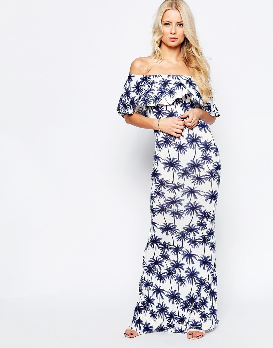 Frill Top Maxi Dress In Palm Print Cream/Navy - neckline: off the shoulder; style: maxi dress; secondary colour: white; predominant colour: navy; length: floor length; fit: body skimming; fibres: viscose/rayon - stretch; occasions: occasion; sleeve length: half sleeve; sleeve style: standard; bust detail: bulky details at bust; pattern type: fabric; pattern size: big & busy; pattern: patterned/print; texture group: jersey - stretchy/drapey; season: s/s 2016; wardrobe: event