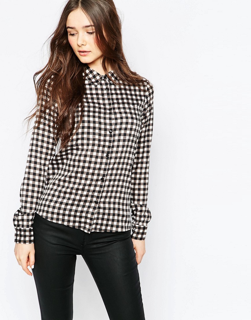 Checked Shirt Check Print - neckline: shirt collar/peter pan/zip with opening; pattern: checked/gingham; style: shirt; secondary colour: white; predominant colour: black; occasions: casual; length: standard; fibres: polyester/polyamide - 100%; fit: body skimming; sleeve length: long sleeve; sleeve style: standard; texture group: sheer fabrics/chiffon/organza etc.; pattern type: fabric; pattern size: standard; multicoloured: multicoloured; season: s/s 2016; wardrobe: highlight