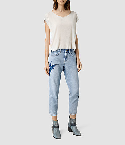 Birds Embroidered Jeans - style: straight leg; pattern: plain; pocket detail: traditional 5 pocket; waist: mid/regular rise; predominant colour: pale blue; occasions: casual; length: calf length; fibres: cotton - 100%; jeans detail: washed/faded; texture group: denim; pattern type: fabric; embellishment: embroidered; season: s/s 2016; wardrobe: basic
