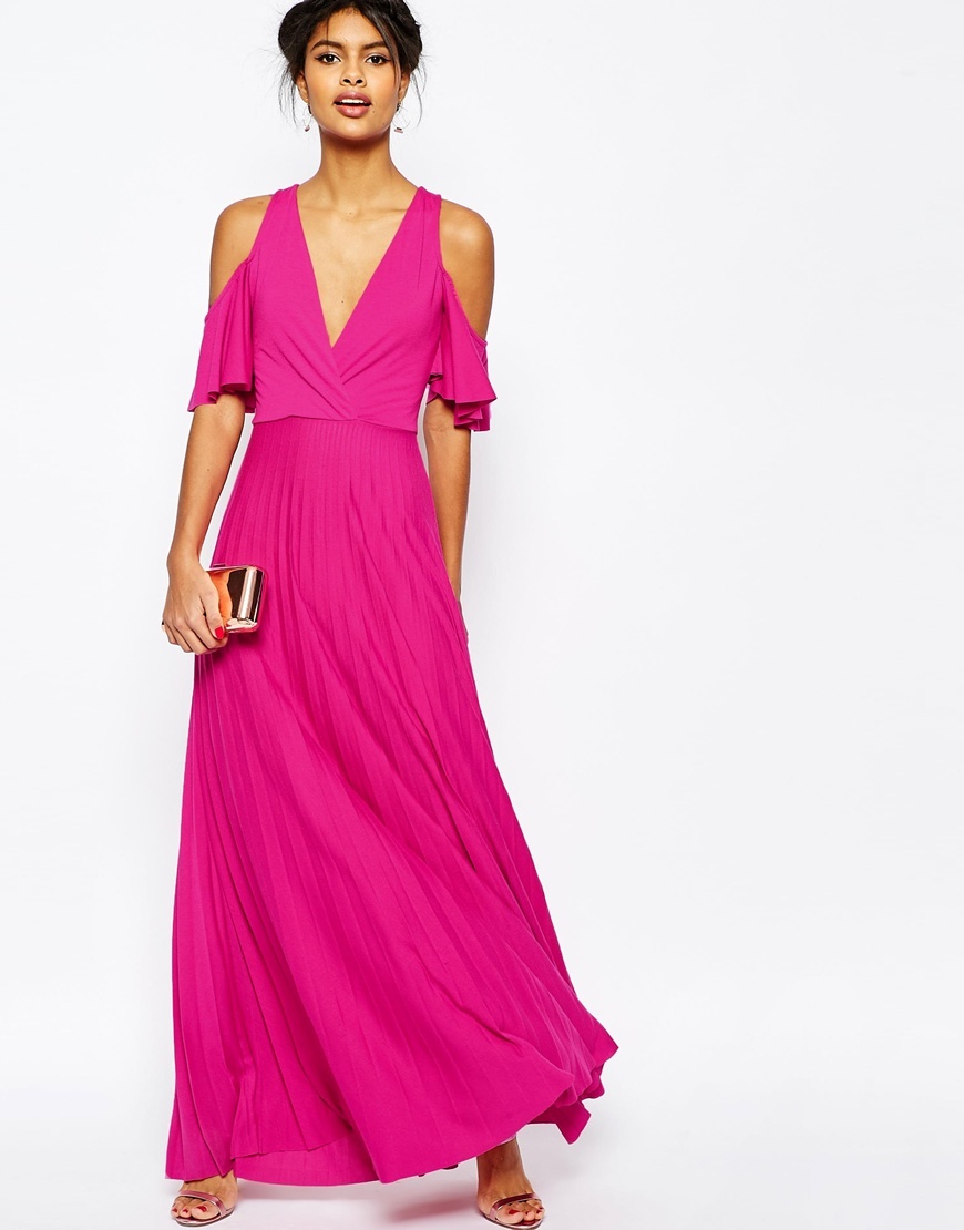 Cold Shoulder Pleated Maxi Dress Pink - neckline: v-neck; pattern: plain; style: maxi dress; predominant colour: hot pink; occasions: evening, occasion; length: floor length; fit: body skimming; fibres: polyester/polyamide - 100%; shoulder detail: cut out shoulder; sleeve length: short sleeve; sleeve style: standard; pattern type: fabric; texture group: jersey - stretchy/drapey; season: s/s 2016; wardrobe: event
