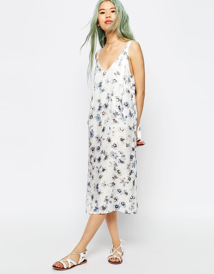 Dungaree Style Midi Slip Dress In Digital Floral Print Multi - length: calf length; neckline: v-neck; sleeve style: spaghetti straps; style: sundress; predominant colour: white; secondary colour: denim; occasions: casual, holiday; fit: soft a-line; fibres: viscose/rayon - 100%; sleeve length: sleeveless; texture group: cotton feel fabrics; pattern type: fabric; pattern: patterned/print; season: s/s 2016; wardrobe: highlight