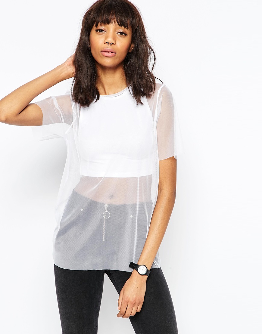 Sheer Mix Top White - pattern: plain; length: below the bottom; predominant colour: white; occasions: casual, evening; style: top; fibres: viscose/rayon - stretch; fit: body skimming; neckline: crew; sleeve length: half sleeve; sleeve style: standard; texture group: sheer fabrics/chiffon/organza etc.; pattern type: fabric; season: s/s 2016; wardrobe: basic