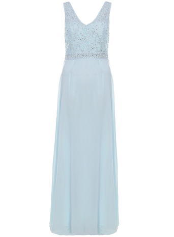 Womens **Quiz V Neck Embellished Maxi Dress Blue - neckline: v-neck; sleeve style: standard vest straps/shoulder straps; pattern: plain; style: maxi dress; length: ankle length; predominant colour: pale blue; secondary colour: silver; occasions: evening; fit: fitted at waist & bust; fibres: polyester/polyamide - 100%; sleeve length: sleeveless; texture group: sheer fabrics/chiffon/organza etc.; pattern type: fabric; embellishment: beading; season: s/s 2016; wardrobe: event; embellishment location: bust