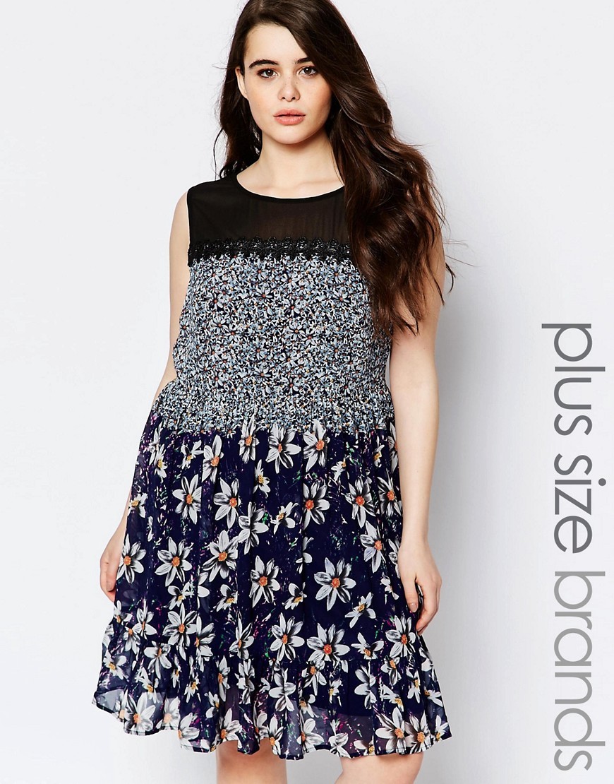 Plus Floral Swing Dress With Crochet And Mesh Neck Detail Print - style: trapeze; neckline: round neck; fit: loose; sleeve style: sleeveless; secondary colour: white; predominant colour: navy; occasions: casual; length: on the knee; fibres: polyester/polyamide - 100%; hip detail: adds bulk at the hips; sleeve length: sleeveless; texture group: sheer fabrics/chiffon/organza etc.; pattern type: fabric; pattern size: standard; pattern: florals; multicoloured: multicoloured; season: s/s 2016; wardrobe: highlight; embellishment: contrast fabric; embellishment location: shoulder