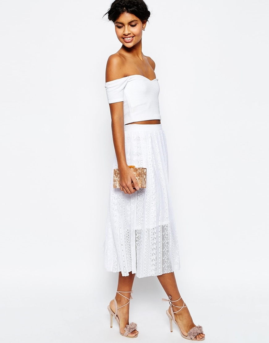 Pleated Lace Midi Skirt White - length: calf length; style: full/prom skirt; fit: loose/voluminous; waist: high rise; predominant colour: white; fibres: polyester/polyamide - stretch; occasions: occasion; texture group: lace; pattern type: fabric; pattern: patterned/print; embellishment: lace; pattern size: standard (bottom); season: s/s 2016; wardrobe: event; embellishment location: all over