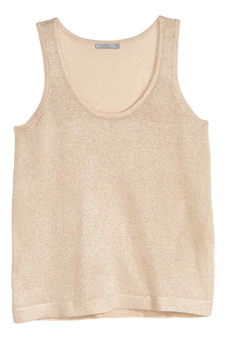 Fine Knit Glittery Top - sleeve style: standard vest straps/shoulder straps; pattern: plain; style: vest top; predominant colour: gold; occasions: casual; length: standard; neckline: scoop; fibres: cotton - mix; fit: straight cut; sleeve length: sleeveless; texture group: knits/crochet; pattern type: knitted - fine stitch; embellishment: glitter; season: s/s 2016; wardrobe: highlight