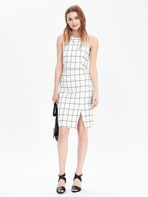 Windowpane Sleeveless Shift Dress Window Pane Print - style: shift; fit: tailored/fitted; sleeve style: sleeveless; pattern: checked/gingham; hip detail: draws attention to hips; predominant colour: white; secondary colour: mid grey; occasions: evening; length: just above the knee; fibres: polyester/polyamide - 100%; neckline: crew; sleeve length: sleeveless; pattern type: fabric; texture group: other - light to midweight; multicoloured: multicoloured; season: s/s 2016; wardrobe: event