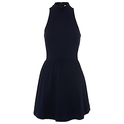 Nina Flippy Jersey Dress, Navy - length: mid thigh; pattern: plain; sleeve style: sleeveless; neckline: high neck; waist detail: fitted waist; predominant colour: navy; occasions: evening; fit: fitted at waist & bust; style: fit & flare; fibres: polyester/polyamide - stretch; sleeve length: sleeveless; pattern type: fabric; texture group: jersey - stretchy/drapey; season: s/s 2016; wardrobe: event