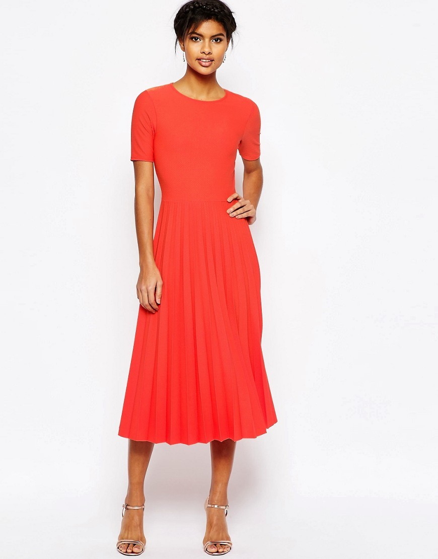 Textured Pleated Midi Dress Orange - length: calf length; pattern: plain; waist detail: fitted waist; predominant colour: bright orange; fit: fitted at waist & bust; style: fit & flare; fibres: polyester/polyamide - 100%; neckline: crew; hip detail: adds bulk at the hips; sleeve length: short sleeve; sleeve style: standard; texture group: crepes; pattern type: fabric; occasions: creative work; season: s/s 2016; wardrobe: highlight