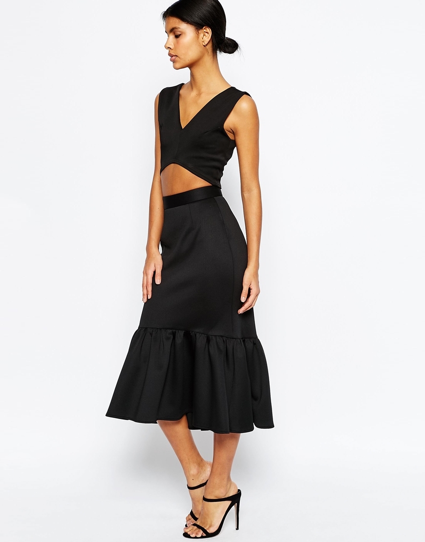 Scuba Midi Skirt With Tiered Hem Black - length: below the knee; pattern: plain; fit: loose/voluminous; style: tiered; waist: high rise; predominant colour: black; occasions: evening, occasion; fibres: polyester/polyamide - stretch; hip detail: adds bulk at the hips; pattern type: fabric; texture group: other - light to midweight; season: s/s 2016; wardrobe: event