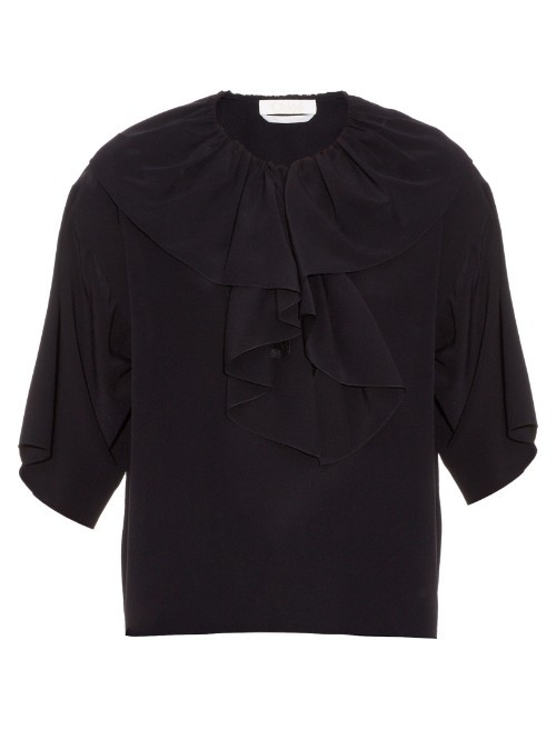 Ruffle Trimmed Crepe De Chine Top - pattern: plain; hip detail: draws attention to hips; predominant colour: navy; occasions: casual; length: standard; style: top; fibres: silk - 100%; fit: body skimming; neckline: crew; sleeve length: half sleeve; sleeve style: standard; texture group: crepes; pattern type: fabric; season: s/s 2016; wardrobe: basic