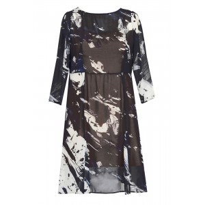Digi Georgette Godet Dress & Slip - style: smock; neckline: round neck; fit: loose; secondary colour: white; predominant colour: black; length: just above the knee; fibres: polyester/polyamide - 100%; sleeve length: 3/4 length; sleeve style: standard; trends: monochrome; texture group: sheer fabrics/chiffon/organza etc.; pattern type: fabric; pattern: patterned/print; occasions: creative work; season: s/s 2016; wardrobe: highlight