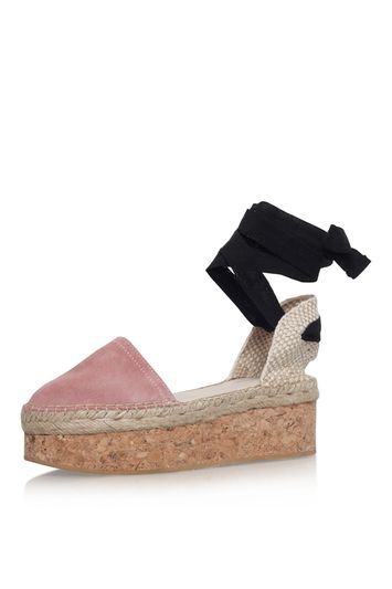 Kupkake Nude High Heel Wedge Sandal By Carvela Kurt Geiger - predominant colour: blush; secondary colour: black; occasions: casual, creative work; material: leather; heel height: flat; ankle detail: ankle tie; toe: round toe; finish: plain; pattern: colourblock; style: espadrilles; shoe detail: moulded soul; season: s/s 2016; wardrobe: highlight
