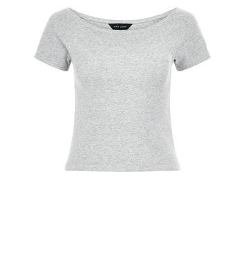 Grey Ribbed Bardot Neck Top - neckline: slash/boat neckline; pattern: plain; length: cropped; predominant colour: light grey; occasions: casual, creative work; style: top; fibres: cotton - stretch; fit: body skimming; sleeve length: short sleeve; sleeve style: standard; pattern type: fabric; texture group: jersey - stretchy/drapey; season: s/s 2016; wardrobe: basic