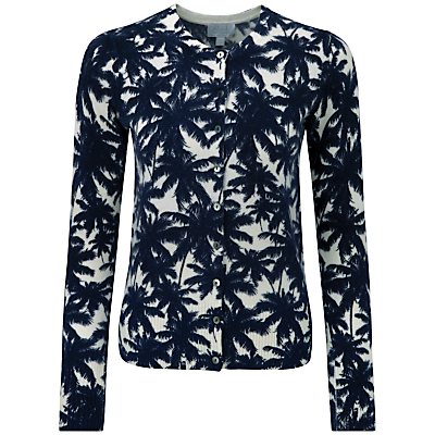 Palm Print Gianna Cashmere Cardigan, Navy - neckline: round neck; secondary colour: white; predominant colour: navy; occasions: casual, creative work; length: standard; style: standard; fit: standard fit; fibres: cashmere - 100%; sleeve length: long sleeve; sleeve style: standard; texture group: knits/crochet; pattern type: knitted - fine stitch; pattern size: standard; pattern: florals; season: s/s 2016; wardrobe: highlight; embellishment location: bust