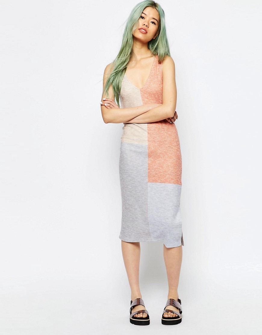 Rib Vest Dress In New Block Print Multi - style: shift; length: below the knee; neckline: v-neck; sleeve style: sleeveless; secondary colour: blush; predominant colour: light grey; occasions: evening; fit: body skimming; fibres: polyester/polyamide - mix; sleeve length: sleeveless; texture group: knits/crochet; pattern type: fabric; pattern: colourblock; multicoloured: multicoloured; season: s/s 2016; wardrobe: event