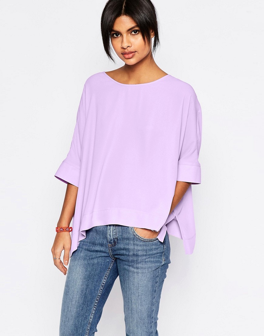 Oversize Kimono T Shirt With V Back Lilac - pattern: plain; style: t-shirt; predominant colour: lilac; occasions: casual; length: standard; fibres: polyester/polyamide - 100%; fit: loose; neckline: crew; sleeve length: half sleeve; sleeve style: standard; pattern type: fabric; texture group: jersey - stretchy/drapey; season: s/s 2016; wardrobe: highlight
