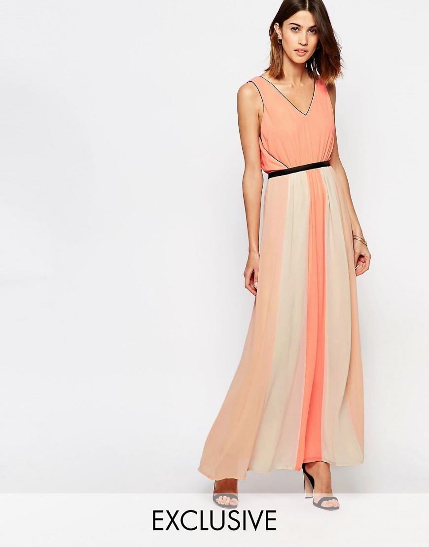 Colour Block Pleated Maxi Dress Dessert Flower - neckline: v-neck; sleeve style: sleeveless; style: maxi dress; length: ankle length; back detail: back revealing; secondary colour: ivory/cream; predominant colour: coral; fit: soft a-line; fibres: polyester/polyamide - 100%; occasions: occasion; sleeve length: sleeveless; texture group: sheer fabrics/chiffon/organza etc.; pattern type: fabric; pattern: colourblock; season: s/s 2016; wardrobe: event