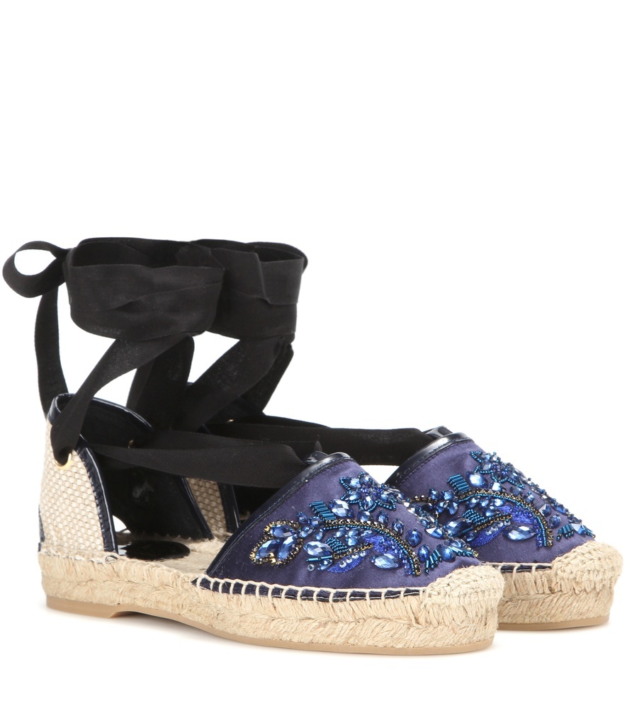 Adriana Embellished Satin Espadrilles - predominant colour: purple; secondary colour: black; occasions: casual, holiday; material: fabric; heel height: flat; ankle detail: ankle tie; toe: round toe; finish: plain; pattern: colourblock; style: espadrilles; shoe detail: platform; season: s/s 2016; wardrobe: highlight