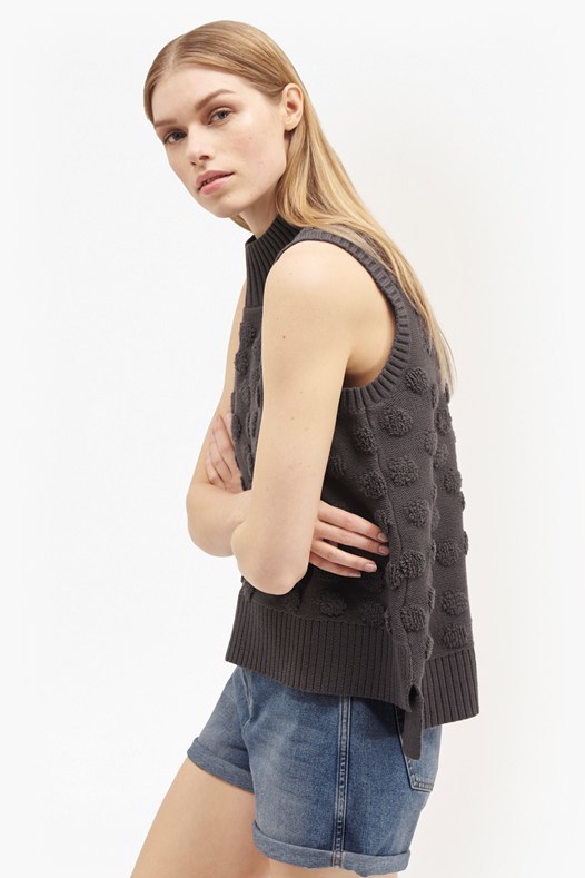 Loopy Polka Sleeveless Textured Knit Summer White - neckline: round neck; pattern: plain; sleeve style: sleeveless; predominant colour: charcoal; occasions: casual, creative work; length: standard; style: top; fibres: cotton - 100%; fit: loose; sleeve length: sleeveless; texture group: knits/crochet; pattern type: knitted - other; season: s/s 2016; wardrobe: basic