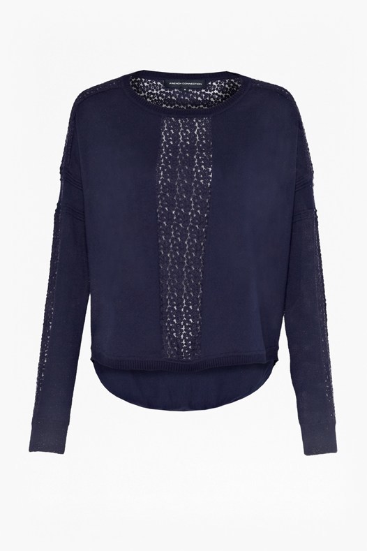 Ivy Lace Slouchy Jumper Prussian Blue - neckline: round neck; pattern: plain; style: standard; predominant colour: navy; occasions: casual, creative work; length: standard; fibres: cotton - 100%; fit: standard fit; back detail: longer hem at back than at front; sleeve length: long sleeve; sleeve style: standard; texture group: knits/crochet; pattern type: knitted - fine stitch; season: s/s 2016; wardrobe: basic