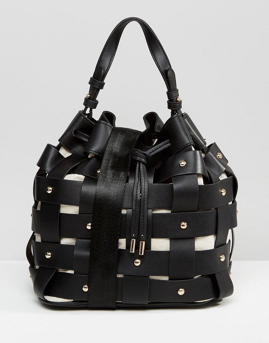 Weaved Stud Bucket Bag Black - predominant colour: black; occasions: casual, creative work; type of pattern: standard; style: shoulder; length: shoulder (tucks under arm); size: standard; material: leather; pattern: plain; finish: plain; season: s/s 2016; wardrobe: investment