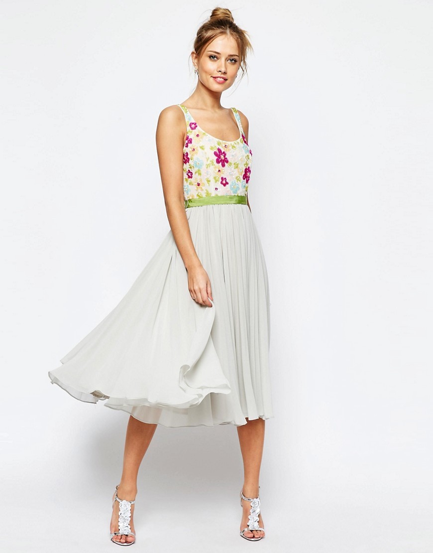 Salon Embellished Floral Bodice Midi Skater Dress With Green Grosgrain Grey - length: below the knee; neckline: round neck; sleeve style: sleeveless; style: full skirt; secondary colour: white; predominant colour: light grey; occasions: evening; fit: fitted at waist & bust; fibres: polyester/polyamide - 100%; sleeve length: sleeveless; texture group: sheer fabrics/chiffon/organza etc.; pattern type: fabric; pattern: florals; embellishment: beading; multicoloured: multicoloured; season: s/s 2016; wardrobe: event; embellishment location: bust