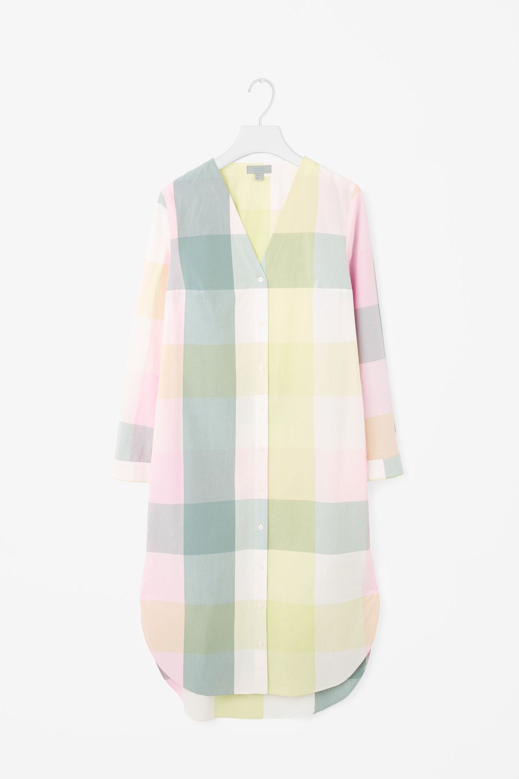 V Neck Checked Shirt Dress - style: tunic; neckline: v-neck; pattern: checked/gingham; predominant colour: blush; secondary colour: primrose yellow; length: just above the knee; fit: body skimming; fibres: cotton - 100%; sleeve length: long sleeve; sleeve style: standard; occasions: holiday; pattern type: fabric; texture group: other - light to midweight; multicoloured: multicoloured; season: s/s 2016; wardrobe: holiday