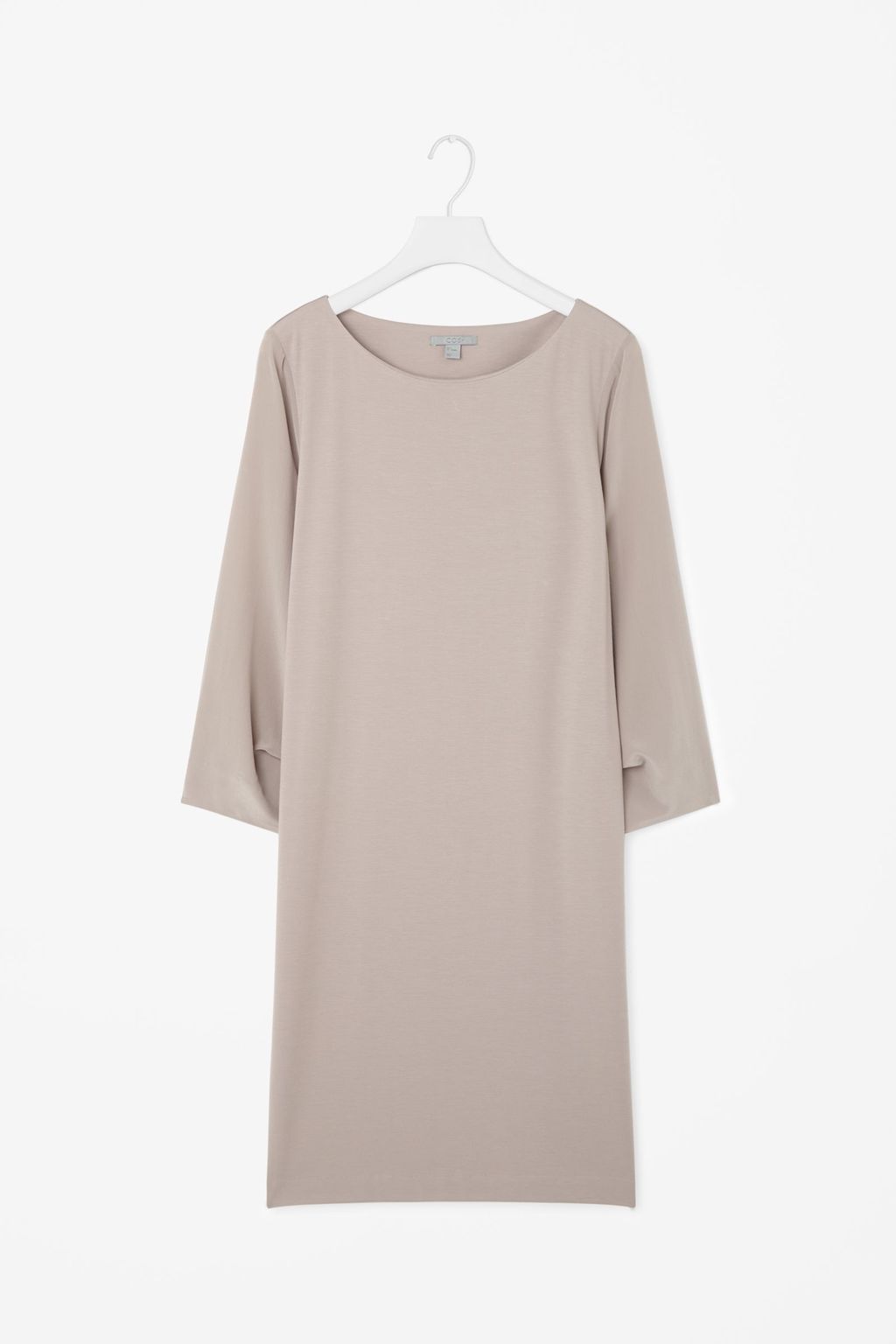 Silk Sleeve Short Dress - style: shift; pattern: plain; predominant colour: taupe; occasions: casual; length: just above the knee; fit: body skimming; fibres: viscose/rayon - stretch; neckline: crew; sleeve length: 3/4 length; sleeve style: standard; texture group: silky - light; pattern type: fabric; season: s/s 2016; wardrobe: basic