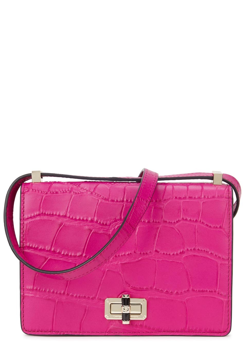 Bright Pink Crocodile Effect Leather Shoulder Bag - predominant colour: hot pink; occasions: casual, creative work; type of pattern: standard; style: shoulder; length: shoulder (tucks under arm); size: standard; material: leather; pattern: animal print; finish: plain; season: s/s 2016; wardrobe: highlight