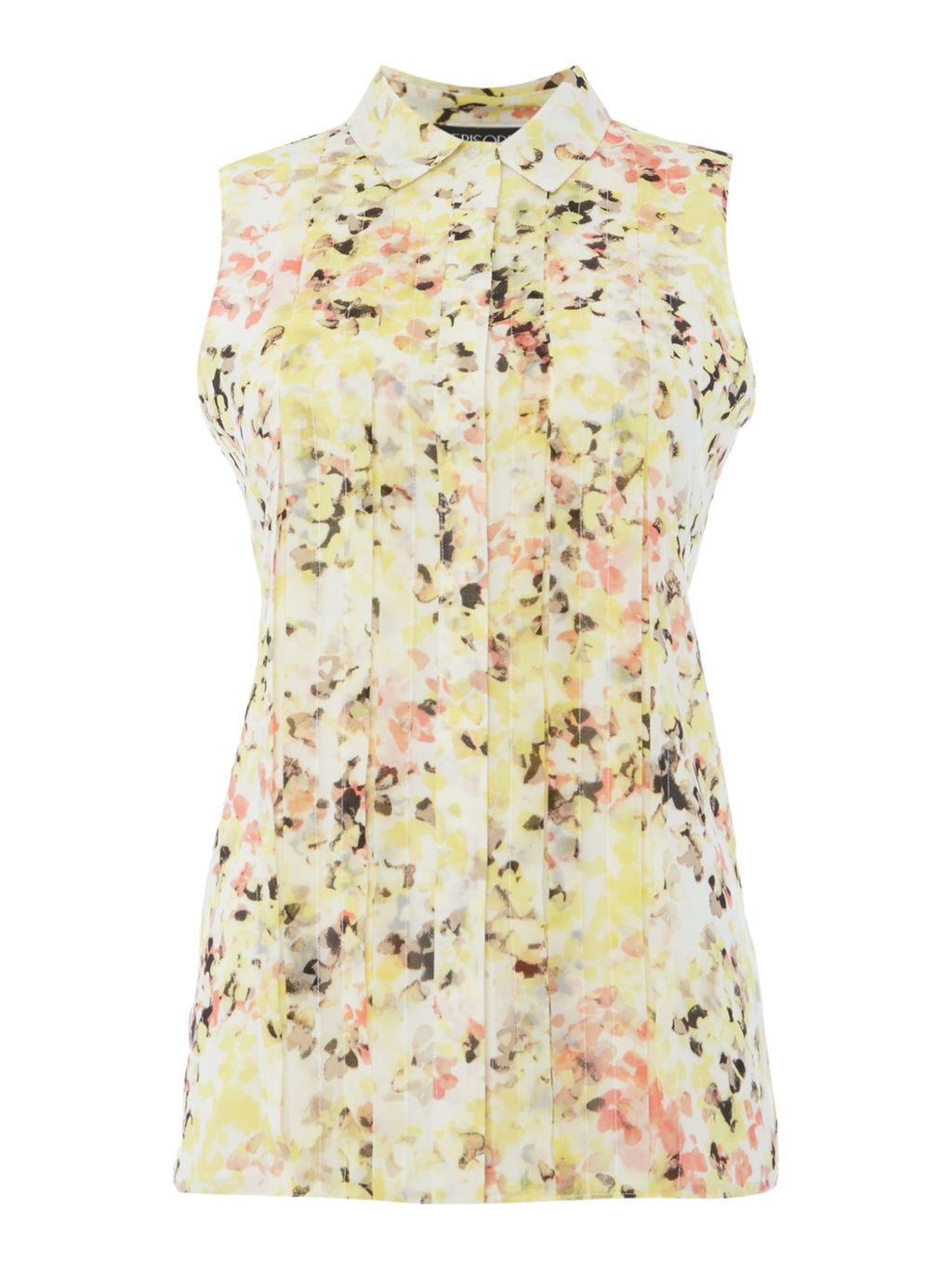 Sleevless Floral Print Top, Multi Coloured - neckline: shirt collar/peter pan/zip with opening; sleeve style: sleeveless; style: blouse; secondary colour: pink; predominant colour: primrose yellow; occasions: casual, creative work; length: standard; fibres: polyester/polyamide - 100%; fit: body skimming; sleeve length: sleeveless; texture group: cotton feel fabrics; pattern type: fabric; pattern: patterned/print; multicoloured: multicoloured; season: s/s 2016; wardrobe: highlight