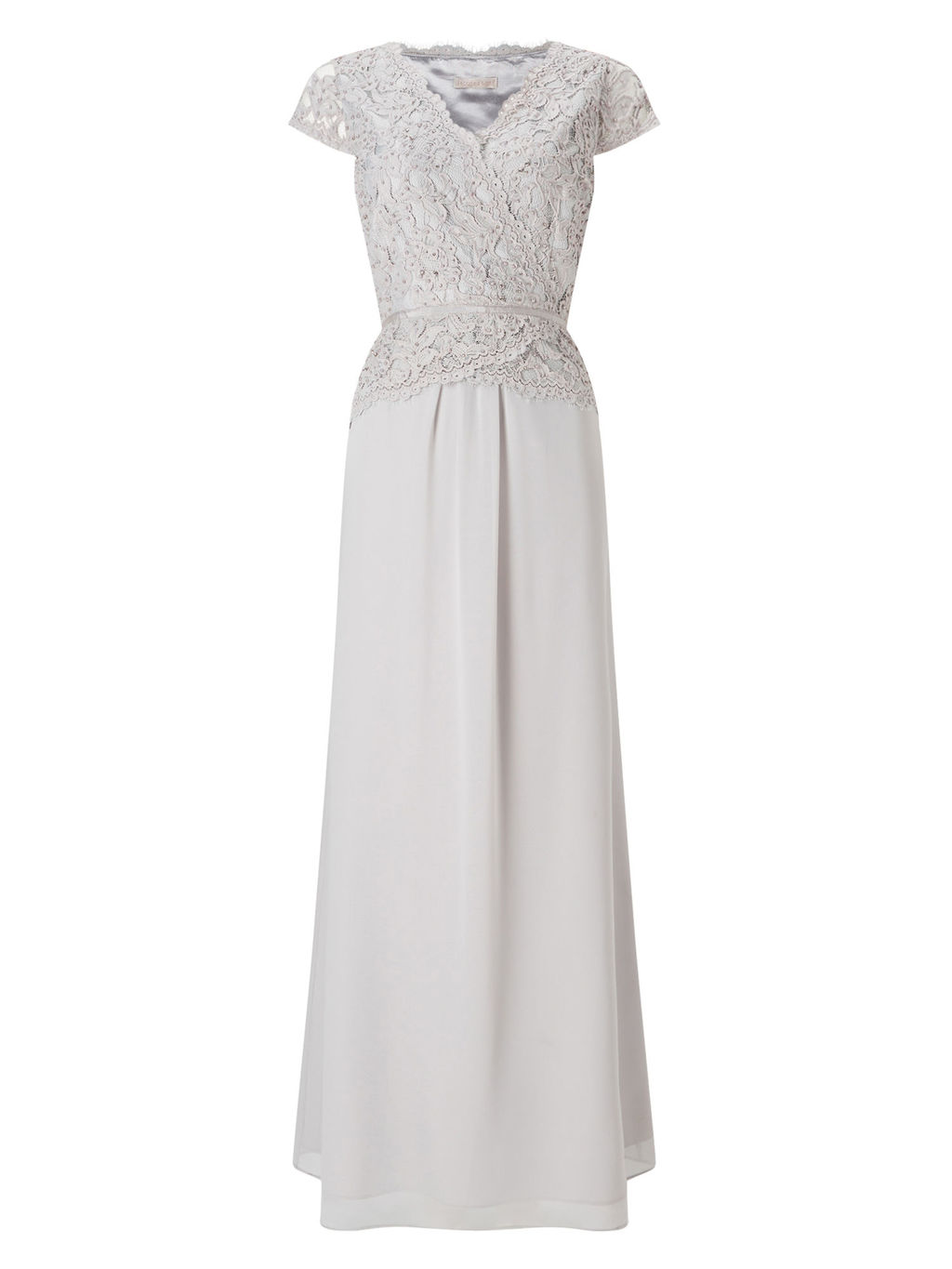 Lace Cross Bodice Maxi Gown - neckline: v-neck; style: maxi dress; length: ankle length; predominant colour: light grey; fit: fitted at waist & bust; fibres: polyester/polyamide - 100%; occasions: occasion; sleeve length: short sleeve; sleeve style: standard; texture group: lace; pattern type: fabric; pattern size: light/subtle; pattern: patterned/print; embellishment: lace; season: s/s 2016; wardrobe: event; embellishment location: top