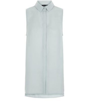Mint Green Split Side Sleeveless Shirt - neckline: shirt collar/peter pan/zip with opening; pattern: plain; sleeve style: sleeveless; length: below the bottom; style: shirt; predominant colour: pale blue; occasions: casual, creative work; fibres: polyester/polyamide - 100%; fit: body skimming; sleeve length: sleeveless; texture group: crepes; pattern type: fabric; season: s/s 2016; wardrobe: highlight